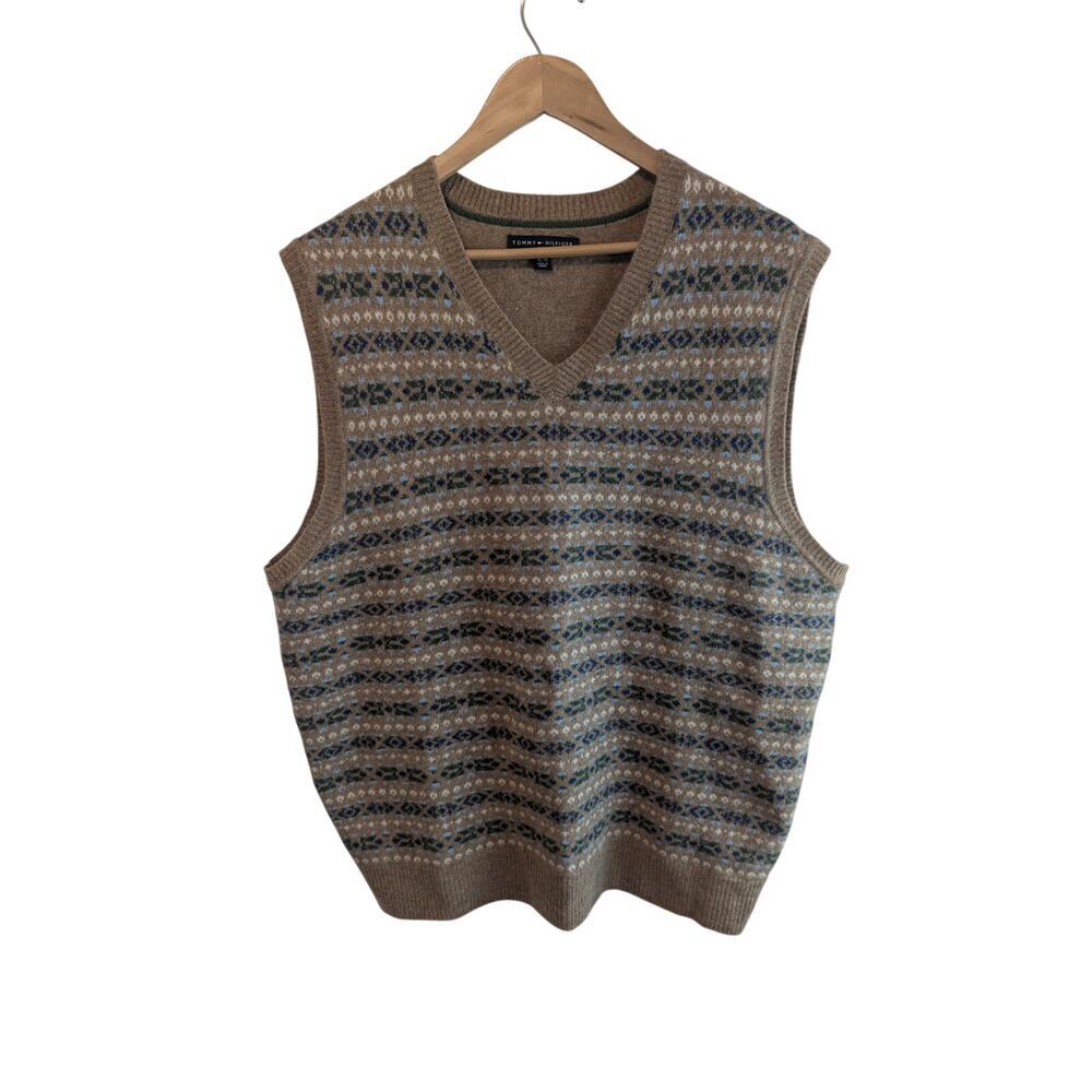 Vintage Tommy Hilfiger Golf Sweater Vest Mens XL Brown Lambs Wool 90s Preppy